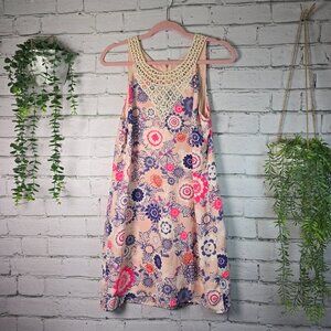 PINK OWL A LINE DRESS CROCHETED NECKLINE DETAIL PINK WOMENS SIZE MED